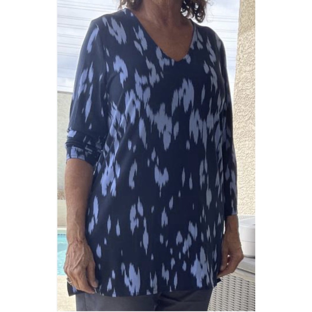 Women's Alfani Navy Blue Splash Ikat Silky Knit Blouse 3/4 Sleeve V Neck NWOT XL